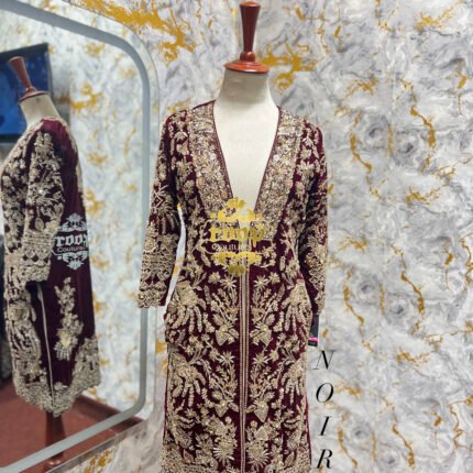 Short Jacket in Maroon Velvet with Gold Zardozi Work