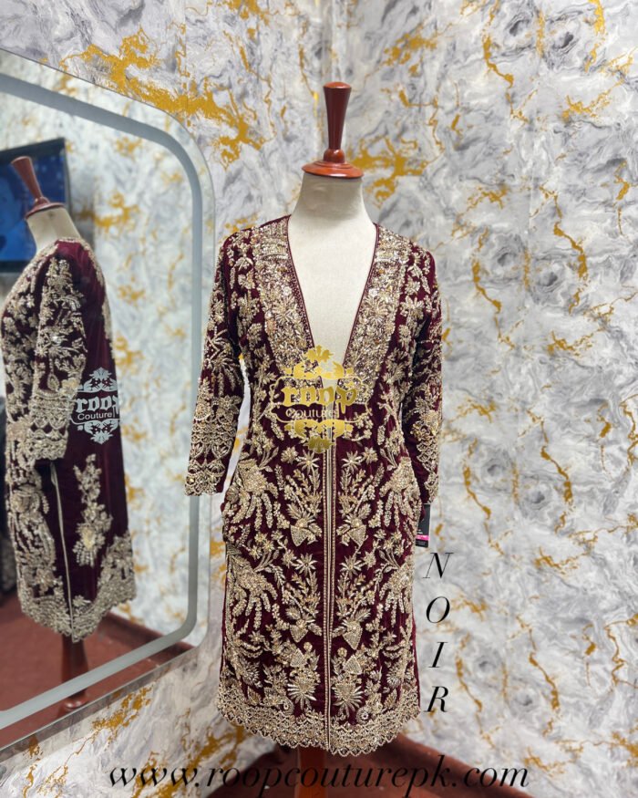 Short Jacket in Maroon Velvet with Gold Zardozi Work