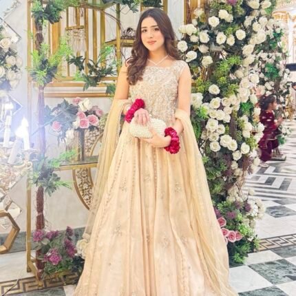 Nameera in Peach semi formal maxi by roop couture